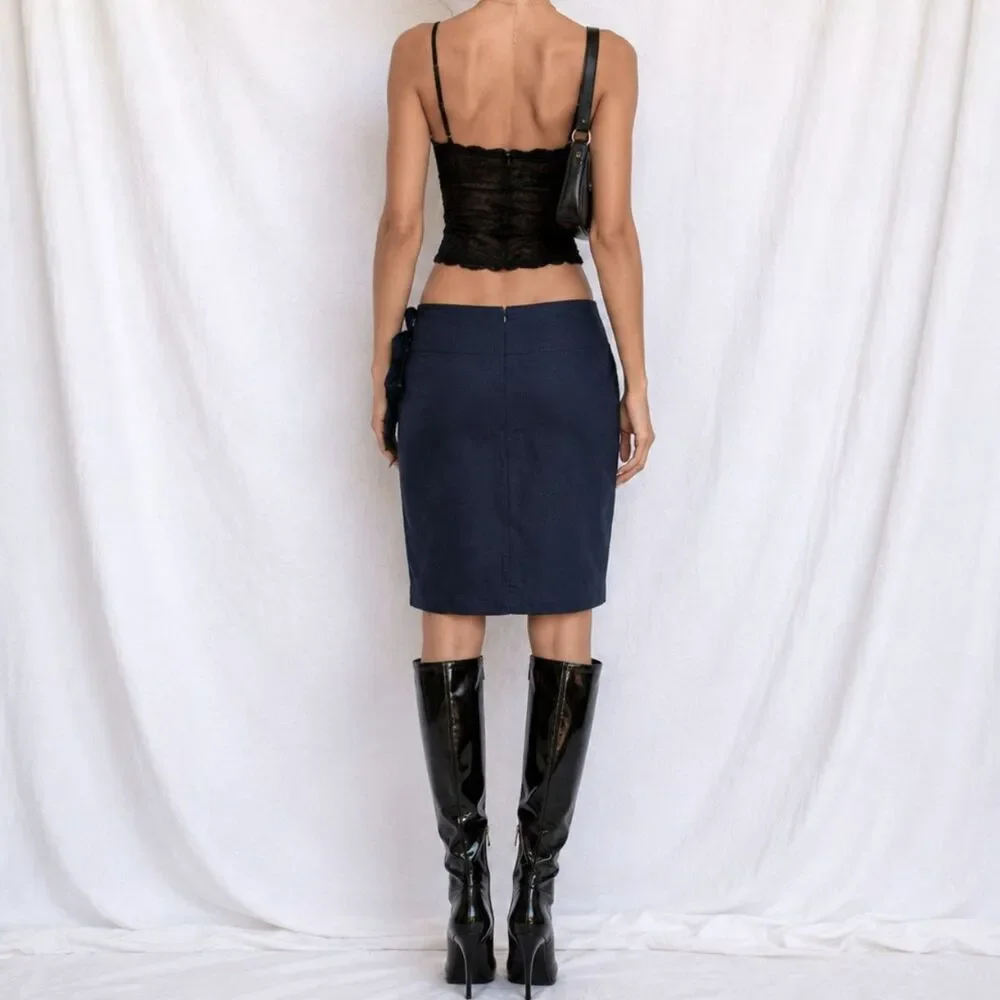 Vintage Y2K Navy Blue Denim Look Buckle Detail Knee Length A-Line Skirt Size M